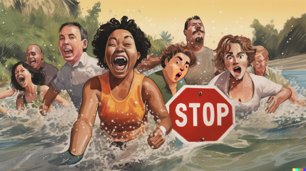 Leute die in Fluss baden und mit einem STOP Schild konfrontiert sind.